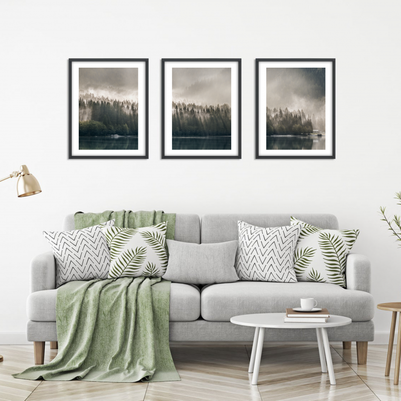 Mountain Prints, Set of 3 Forest Wall Art Green Foggy Pine Tree Prints, Misty Scandinavian Woods Landscape, Alps Unframed, Printed & Shipped