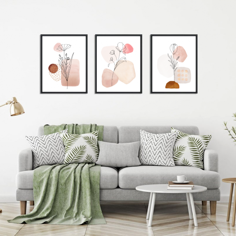 Abstract Botanical Art Print Set, Set of 3 Wall Decor Art Prints, Sketched Wall Art for Living Room / Bathroom / Study
