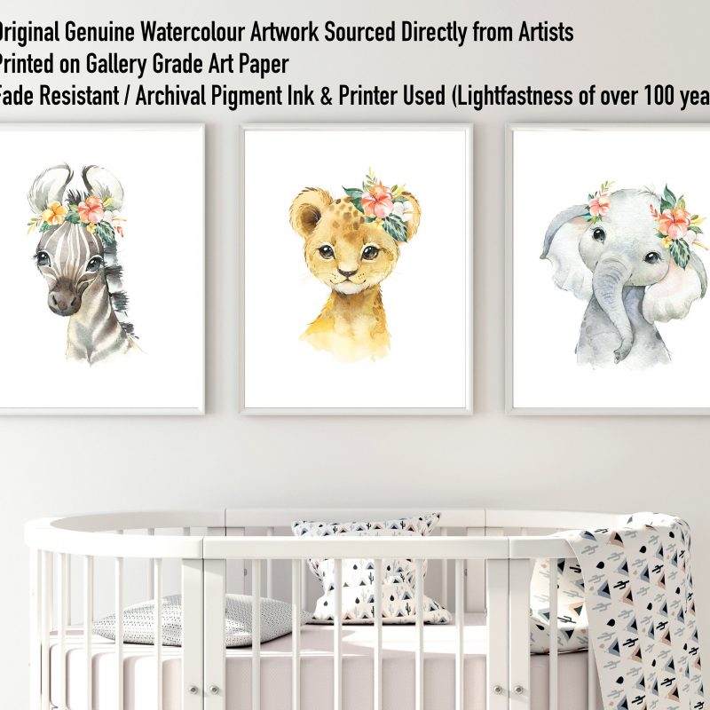 Nursery Prints Safari Animal Prints Set of 3x Cute Watercolor Unframed Nursery Wall Arts Elephant Zebra Giraffe Baby Girls Boys Flowers