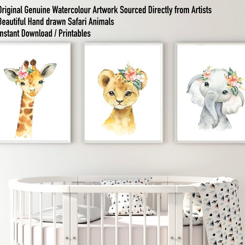 Nursery Prints Safari Animal Prints Set of 3x Cute Watercolor Unframed Nursery Wall Arts Elephant Zebra Giraffe Baby Girls Boys