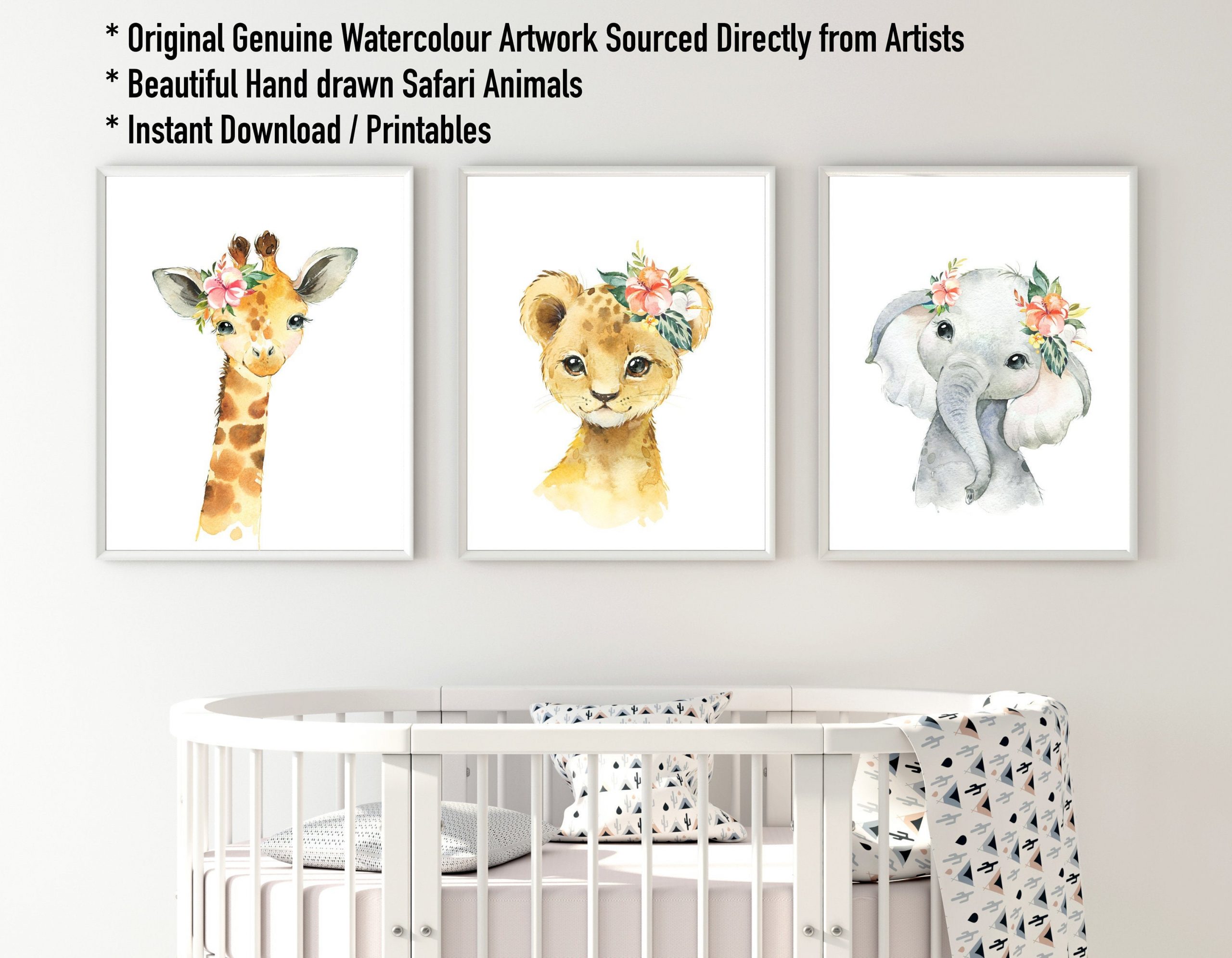 Nursery Prints Safari Animal Prints Set of 3x Cute Watercolor Unframed Nursery Wall Arts Elephant Zebra Giraffe Baby Girls Boys