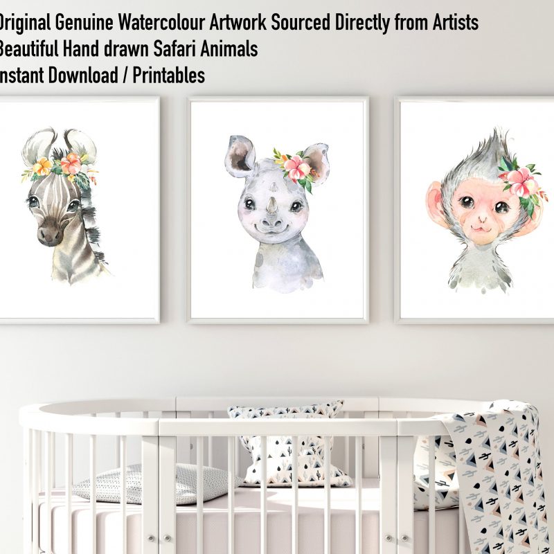 Nursery Prints Safari Animal Prints Set of 3x Cute Watercolor Unframed Nursery Wall Arts Elephant Zebra Giraffe Baby Girls Boys