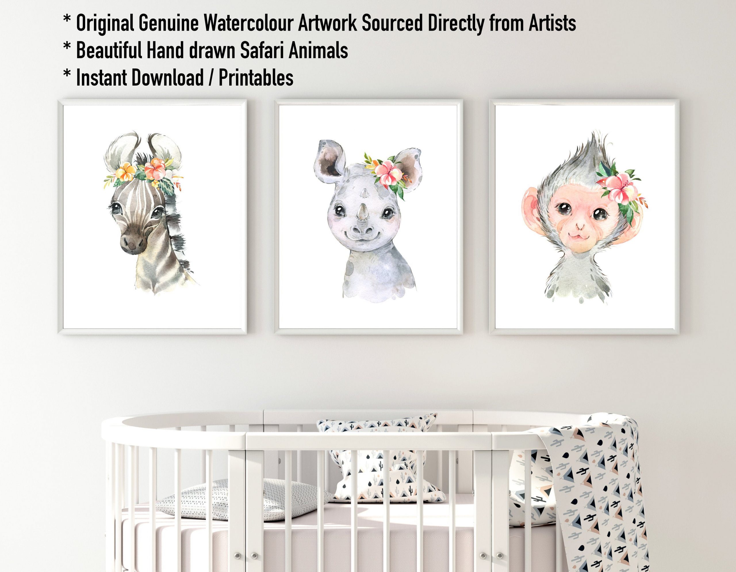 Nursery Prints Safari Animal Prints Set of 3x Cute Watercolor Unframed Nursery Wall Arts Elephant Zebra Giraffe Baby Girls Boys