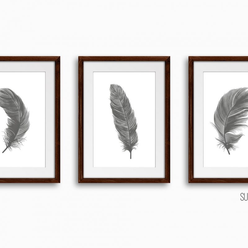 Grey Feathers Print Set, Feather Wall Art, Set of 3 Wall Decor Art Prints, Living Room, Sketched Wall Art