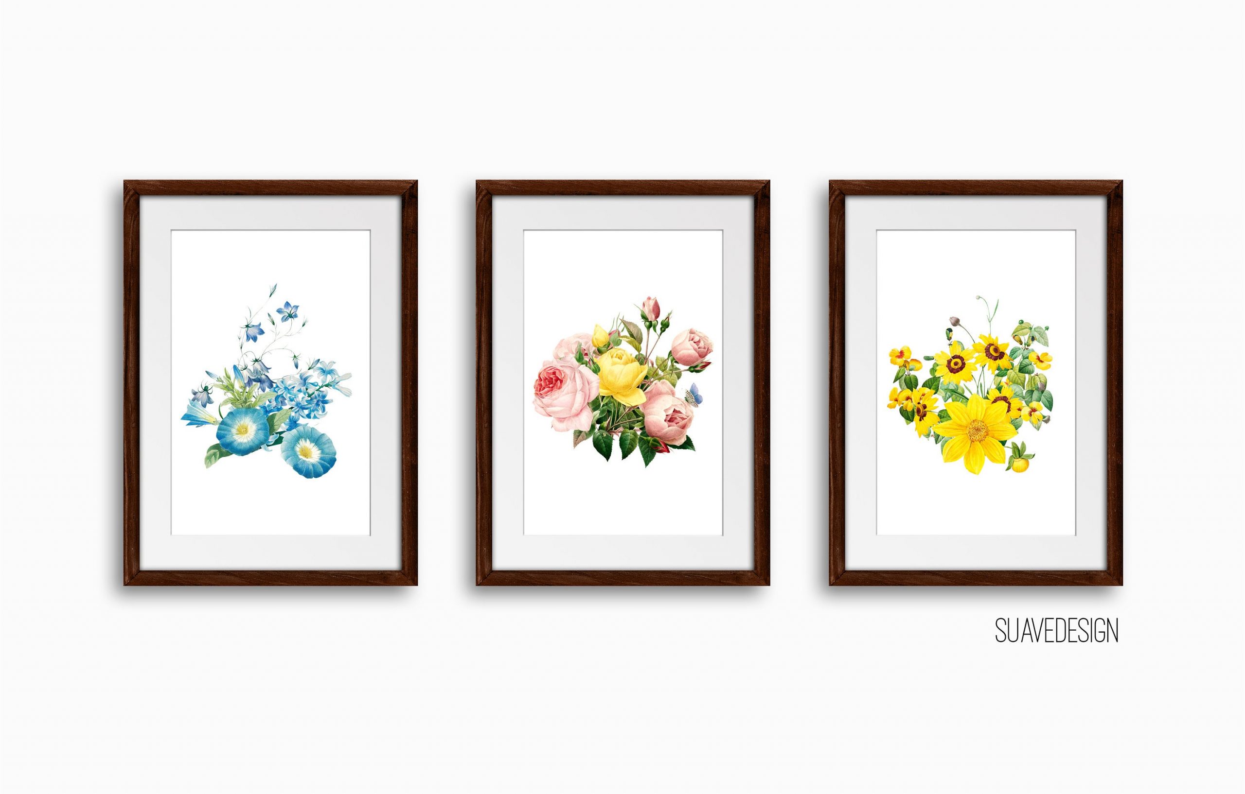 Botanical Floral Art Print Set, Set of 3 Wall Decor Art Prints, Sketched Wall Art for Living Room / Bathroom / Study