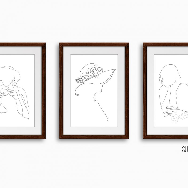 One Line Art Prints, Set of 3x Ladies drinking Coffee & Tea with a hat Botanical Flower Abstract Art Prints