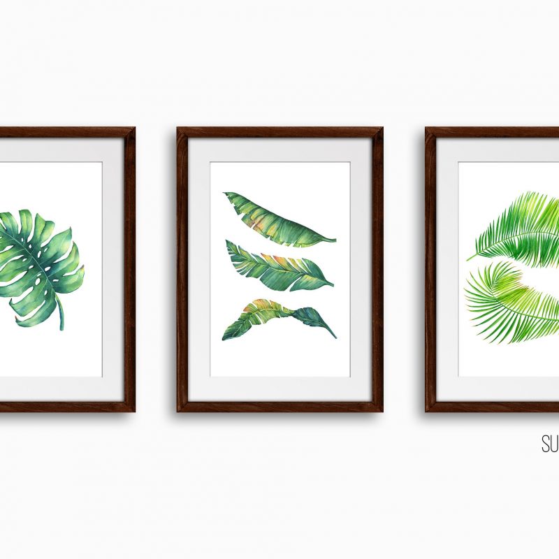 Botanical Art Prints Set of 3 Tropical Watercolor Prints, Unframed Wall Arts Decor Monstera Banana Palm Leaves Fern Leaf