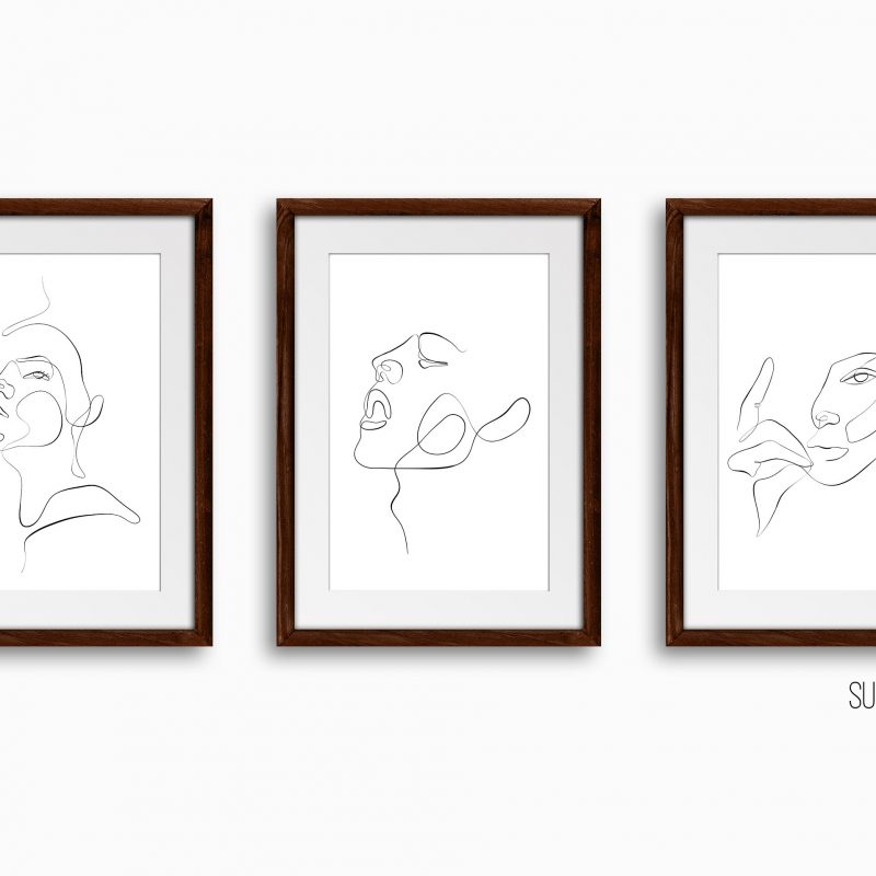 Trendy Line Drawing Wall Arts Prints Set of 3 Modern Abstract Face Hands and Figure Drawings