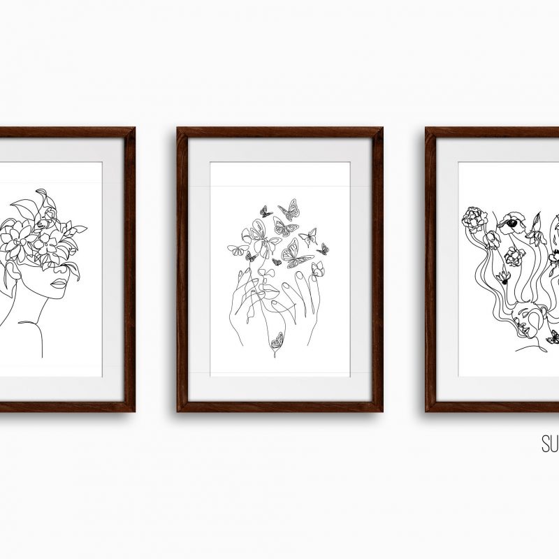 Trendy Line Art Prints Set of 3x Minimalist Floral Pot Head Ladies with Botanical Flowers and Butterflies Abstract Unframed Wall Decor Iris