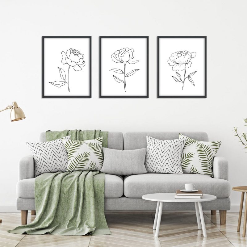 Peonies Wall Art Prints Set of 3x Botanical Line Art for Home Decor Trendy Sketch Flower Abstract Unframed Decor Monstera Fern Palm Leaves