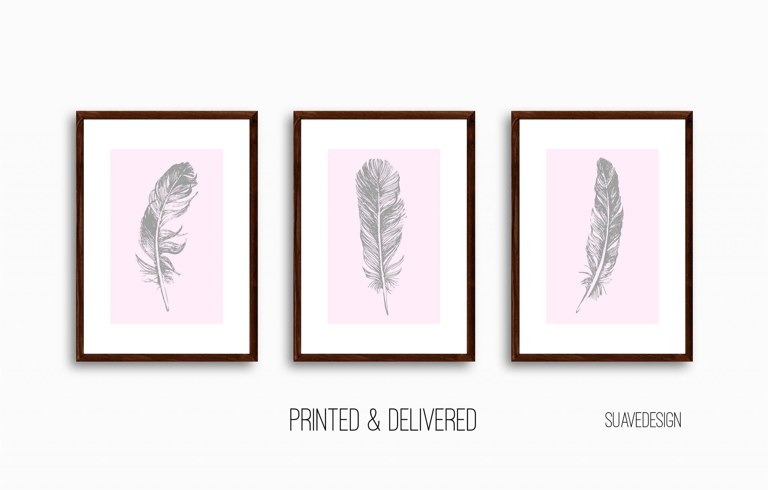 Grey Feathers Print Set, Feather Wall Art, Set of 3 Pink Wall Decor Art Prints, Living Room, Sketched Wall Art, Botanical Prints, Unframed