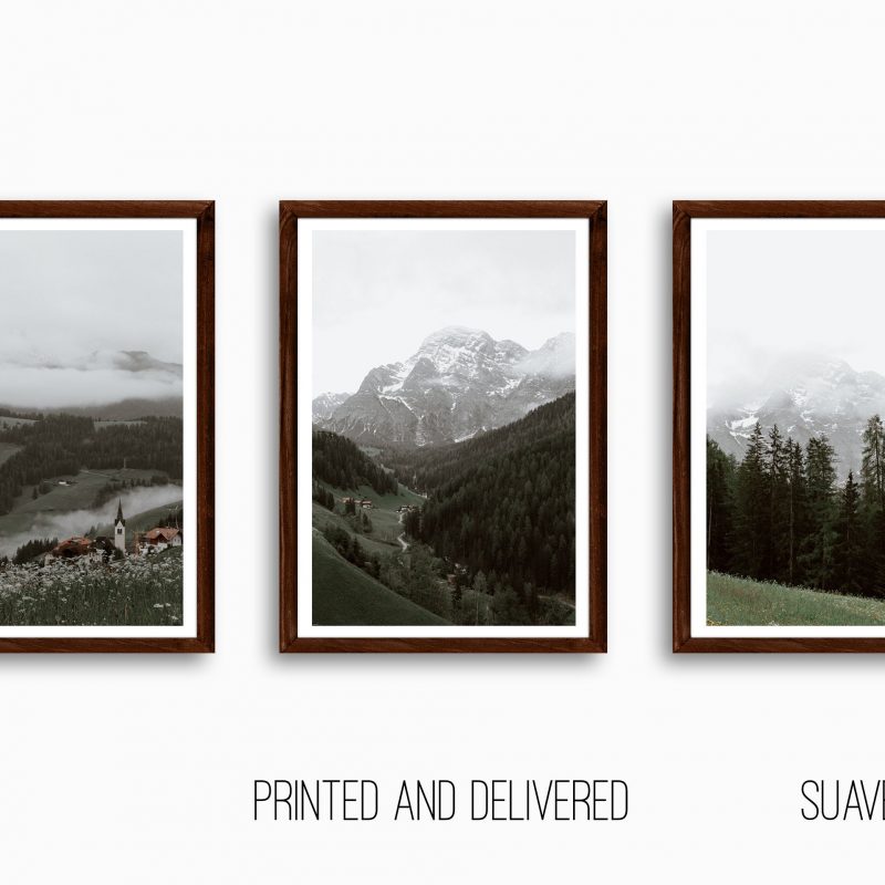 Mountain Prints, Set of 3 Forest Wall Art Green Foggy Pine Tree Prints, Misty Scandinavian Woods Landscape, Alps Unframed, Printed & Shipped