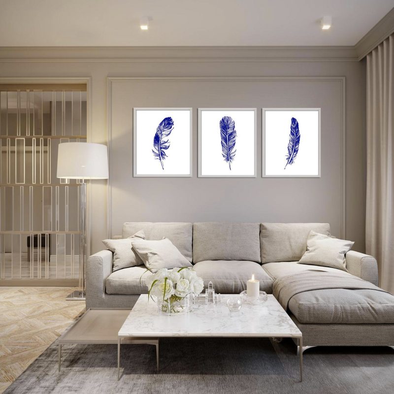 Grey Feathers Print Set, Feather Wall Art, Set of 3 Wall Decor Art Prints, Living Room, Sketched Wall Art