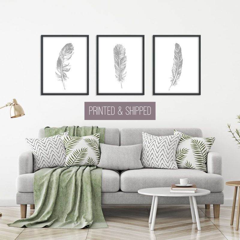 Grey Feathers Print Set, Feather Wall Art, Set of 3 Wall Decor Art Prints, Living Room, Sketched Wall Art
