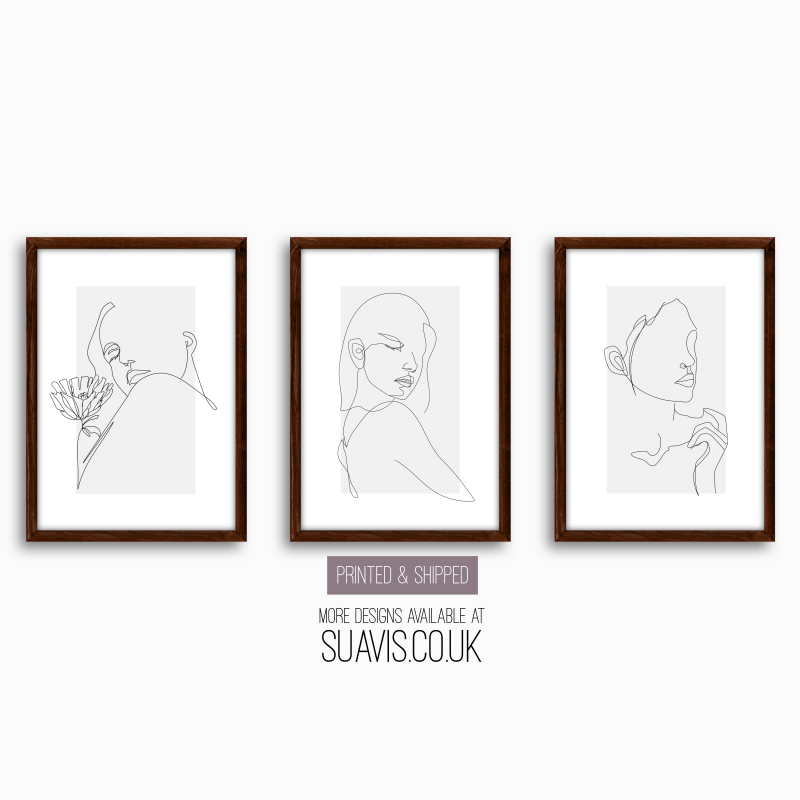 Set of 3x Minimalist Grey Line Art Prints