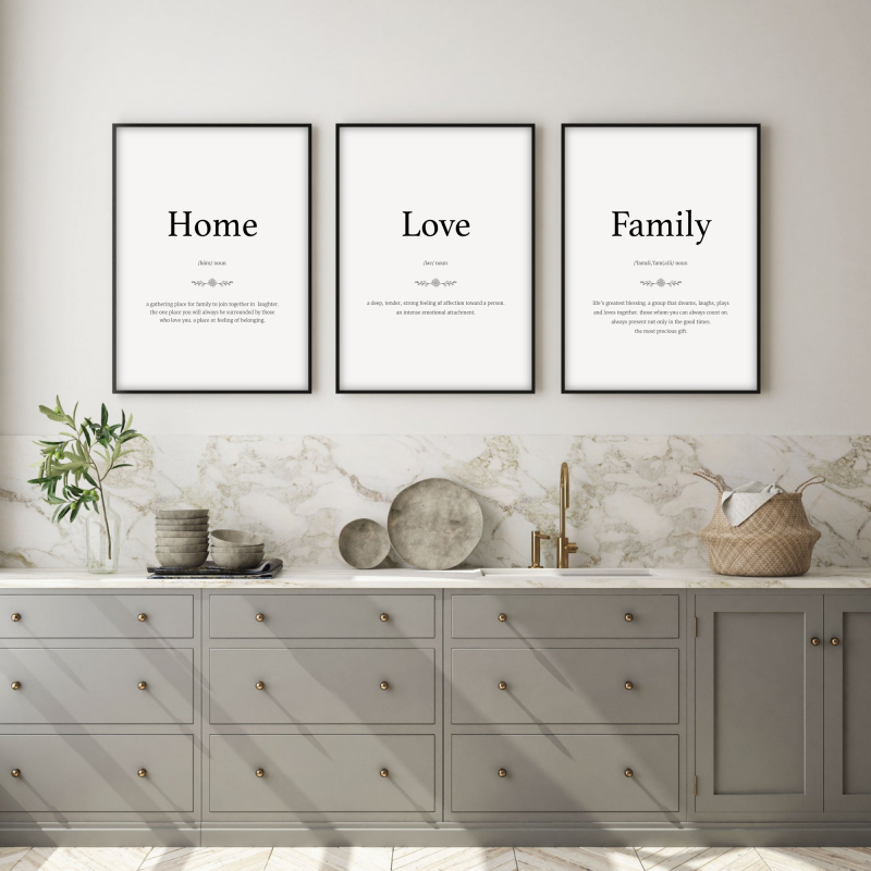 Home, Love, Family definition prints. Set of 3 quote prints.