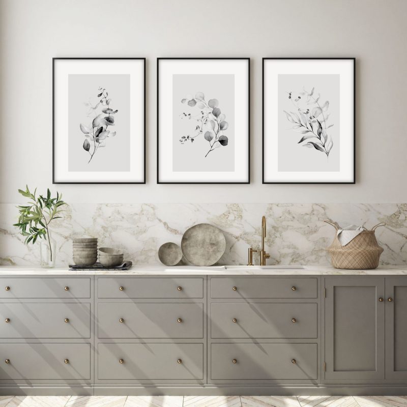 Grey wall art prints. Set of 3 monochrome botanical decor poster for living room or bedrooms. Chic black & white decor eucalyptus leaves