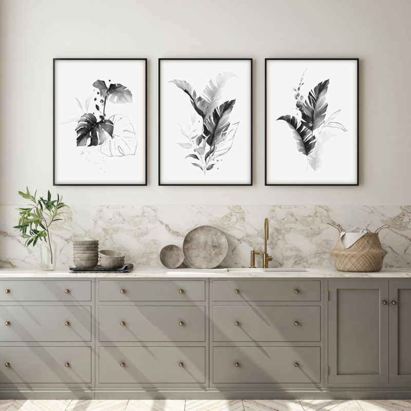 Black & white wall art prints. Set of 3 monochrome botanical decor prints