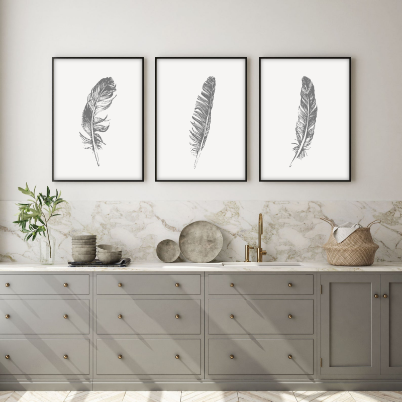Grey feather wall art prints. Set of 3 monochrome decor prints